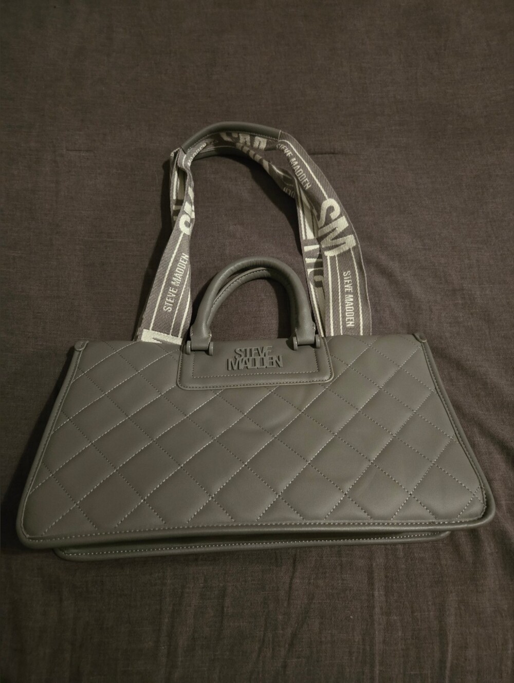 Steve Madden Quilted Gray Satchel Tote Bag w/ Logo Strap